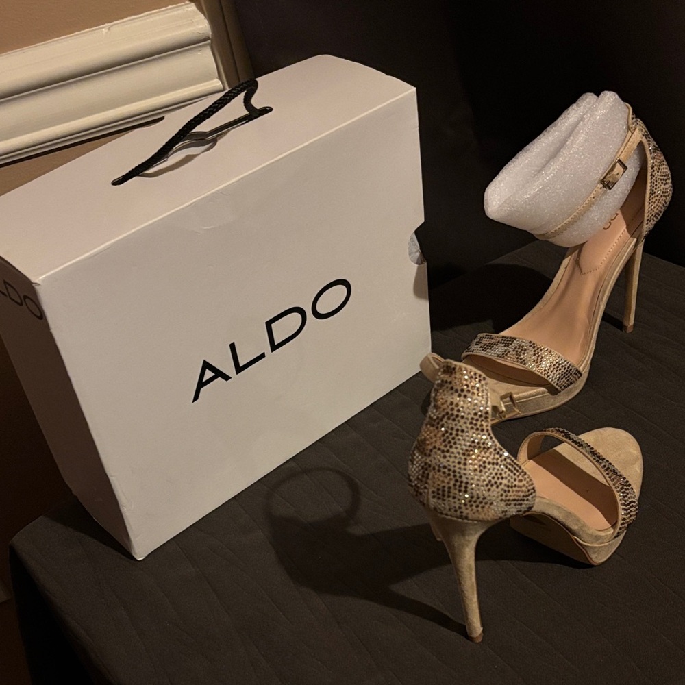 ALDO Snake-Print Beige/Tan Ankle-Strap Stiletto Heels - Picture 2 of 5